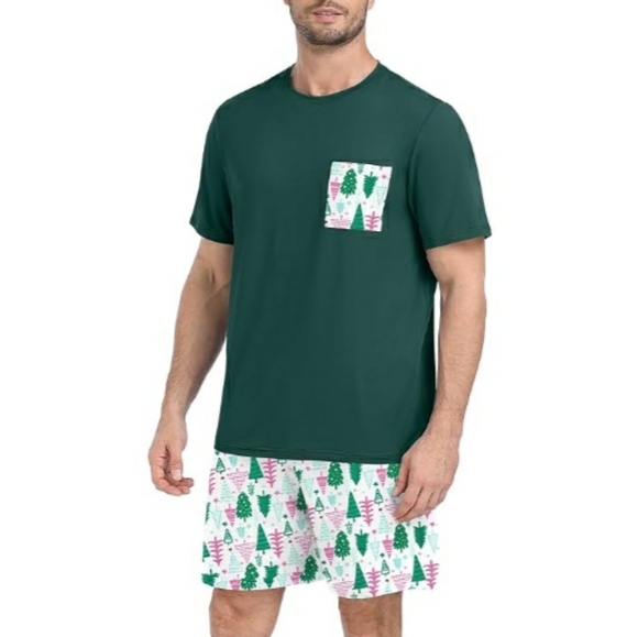 Men's Pajama Set Sleepwear Lightweight Short Sleeve Green /White New